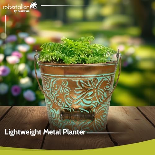 Headwind Vintage Floral Metal Planter with Handle, 12-Inch, Vintage Copper – Metal Flower Pot & Decorative Bucket Planter, Rustic Metal Outdoor Planter with Drainage Hole for Indoor Plants & Outdoor G - Image 3