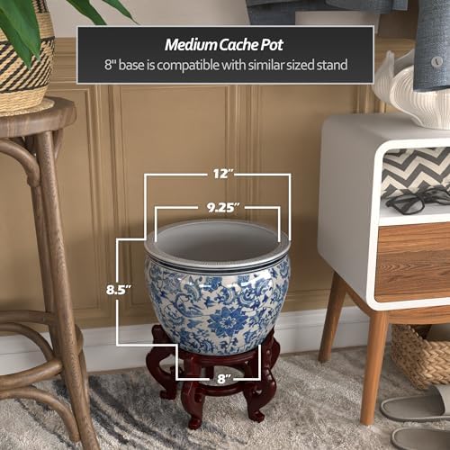 Red Lantern 12" Floral Blue & White Porcelain Fishbowl Planter or Cachepot for Indoor/Outdoor Use in Garden Entryway Living Room Boho Eclectic Modern Contemporary Classic Traditional Style Decor - Image 5