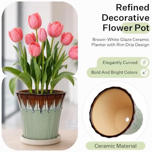10 Inch Ceramic Planters with Drainage Hole and Saucer,Indoor Outdoor Large Flower Pots, Garden Pot for Plant Lovers (Drip Green) - Image 3