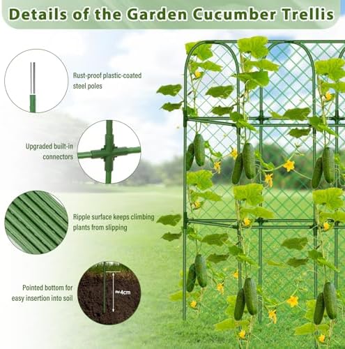 Cucumber Trellis for Garden, Upgrade U-Shaped Metal Garden Trellis Plant Grow Support Frame for Climbing Plants Vegetable Flower Fruits Vine Raised Bed with Netting, Instruction, Garden Tools, Green - Image 2