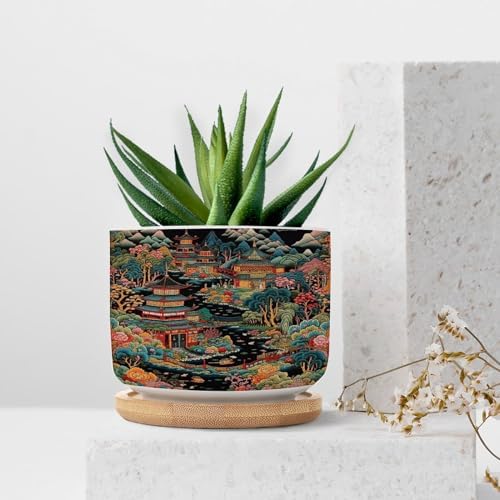 Chinoiserie Coral Asian Planter Ceramic Chinoiserie Chic Asian Round Flower Pot with Drainage Holes and Bamboo Tray Pot for Home Desktop Office Windowsill - Image 7