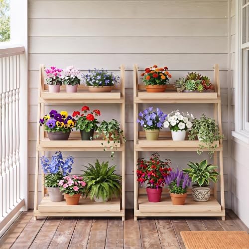 GIANTEX Foldable Wooden Plant Stand, 3-Tier Ladder Plant Shelf, Natural - Image 7