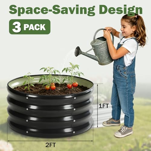 3 PCS Round Raised Garden Bed 2x2x1 ft, Metal Outdoor Planter Box Kit with Safety Rubber Edge, Easy Assemble Bottomless Small Planting Container for Vegetable, Flower, Fruit, Grey - Image 4