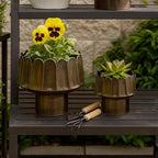 Scalloped Pedestal Plant Stand for Indoor and Outdoor - Metal Plant Pots with Drainage for Home Decor and Entryway - Flower Pots for Patio, Hallway, and Living Room - Set of 2, 11", 8", Gold - Image 2