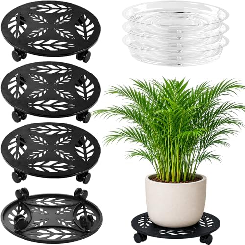 Planterhoma 3 Packs 14 Inch Rolling Plant Stand with Wheels Metal Plant Caddy with Wheels Heavy Duty Plant Rollers with Wheels Round Wrought Iron Plant Stand with Clear Saucers, Matte Black by Planterhoma