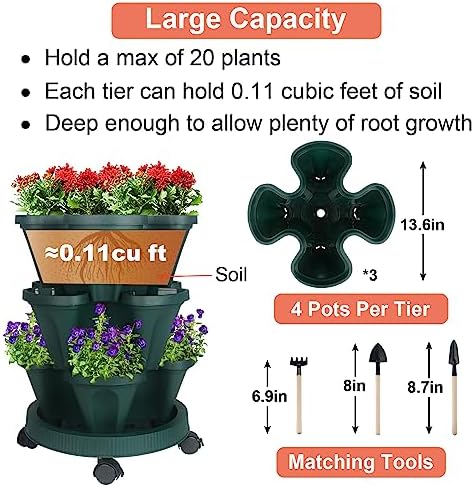 GameXcel Vertical Planter Tower - 3 Tier Stackable Garden Planters with Wheels and Tools Plant Pots for Strawberry Herb Flower and Vegetable Indoor Outdoor Use Green 2 Pack - Image 5