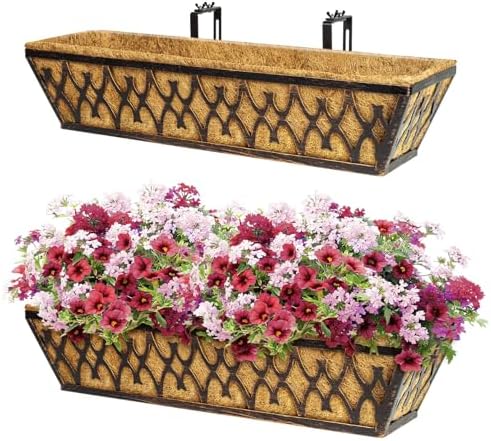 Window Boxes Planters: 2 Pack 24 Inch Railing Planter Box with Adjustable Brackets for Porch Fence Patio Balcony Hanging Flower Baskets with Coco Liners for Outdoor Garden Decor - Bronze by KarlliuHOMEGARDEN
