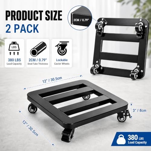 2 Pack Plant Caddy with Lockable Wheels, 12 Inch Heavy Duty Rolling Plant Stand, 380 Lbs Metal Square Flower Cart, Rust-Proof Black Planter Dolly for Flower Pot, Heavy Objects, Indoor Outdoor - Image 2