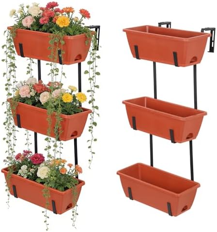 OYEAL Hanging Flower Pots for Railing Fence Outdoor Window Boxes Planter with Adjustable Hooks, Set of 2 Deck Rail Planters with 6 Detachable Plastic Planter Boxes, Drainage Holes, Brick Red by OYEAL