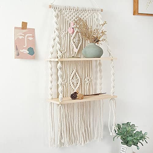 Macrame Wall Hanging Shelf,Boho Woven Tassel Shelves Plant Holder by Cyxunand
