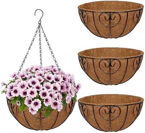 12 inch Metal Hanging Baskets for Plants Outdoor, 4 Pack Metal Wire Hanging Basket Planter with Coco Liner Flower Pots for Indoor Outdoor Garden Porch Patio, Heart-Shaped by NatureCrafted
