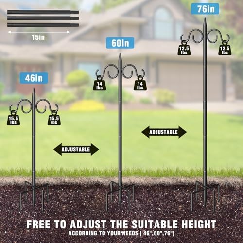 Double Shepherds Hooks for Outdoor, 76 Inch Heavy Duty Bird Feeder Pole with 5 Prongs Base, Adjustable Shepherds Hook for Bird Feeder, Garden, Weddings, Hanging Plant, 2 Pack - Image 2