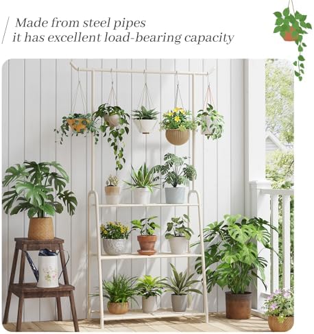 Kitsanery Plant Stand Indoor Outdoor,Metal Plant Stands for Multiple Plants,3 Tier Tall Hanging Plant Shelf,Large Heavy Duty Flower Holder Ladder Plant for Living Room, Patio, Balcony (White) - Image 3