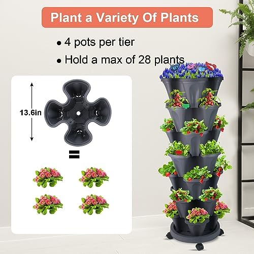 GameXcel Vertical Planter Tower - 7 Tier Stackable Garden Planters with Wheels and Garden Tool Set Plant Pots for Strawberry Herb Flower and Vegetable Indoor Outdoor Use Dark Gray - Image 7