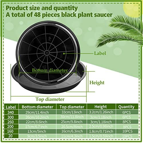 Honeydak 48 Pieces Plant Saucer Potted Plant Trays Round Plastic Drainage Tray Sturdy Drip Flower Saucers for Potted Indoor Outdoor Home Garden, 4/6/ 8/10/ 12/13 inches (Black) - Image 2