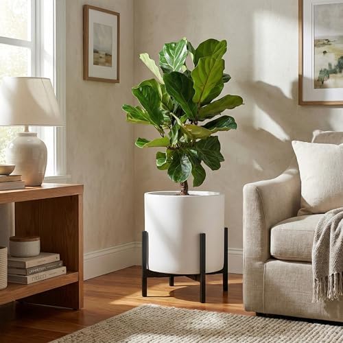 FaithLand 14 Inch Fiberstone Planter - Lightweight Modern Cylinder Plant Pot with Drainage Hole & Plug, Indoor Outdoor Use, Matte White - Image 5