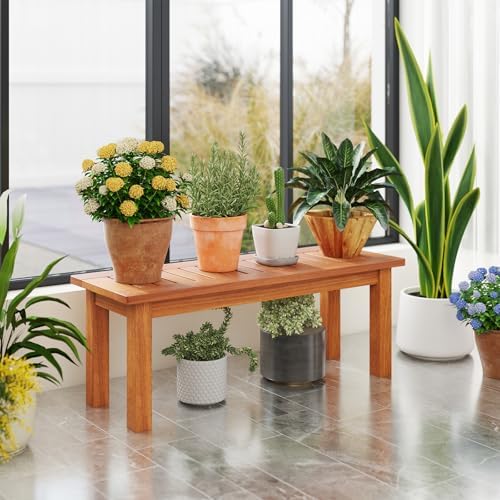 Tangkula Wooden Plant Stand, Outdoor Indoor Solid Wood Flower Pot Holder Display Shelf with Teak Oil Finish, Slatted Top, Rustic Plant Rack for Patio Garden Entryway Porch - Image 2
