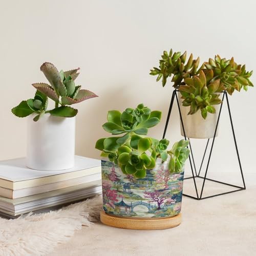 Chinoiserie White Coral Asian Planters Ceramic Chinoiserie Chic Asian Round Flower Pots with Drainage Holes and Bamboo Tray Pot for Home Office Decoration - Image 4