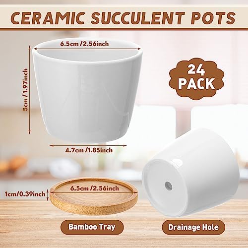 Hsei 24 Pack 2.5 Inch Mini Ceramic Succulent Pots with Bamboo Trays, White - Image 2