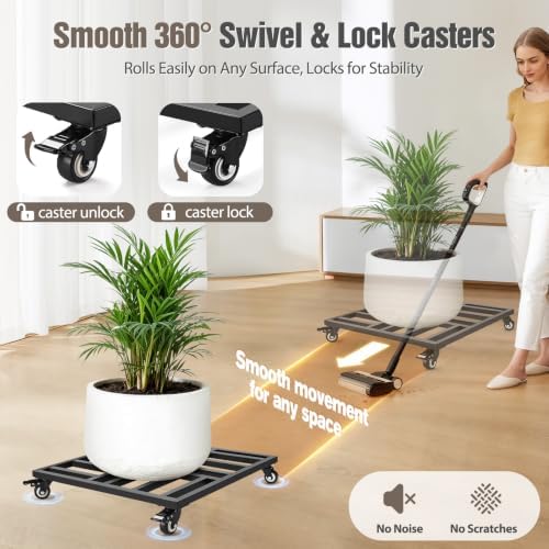 22" Plant Caddy with Wheels, Heavy Duty Metal Rolling Plant Stand, 600 lbs Square Plant Dolly with Lockable Industrial Caster Wheels for Large Planter Pots, Heavy Objects Wheeled Mobile Roller, 2 Pack - Image 4