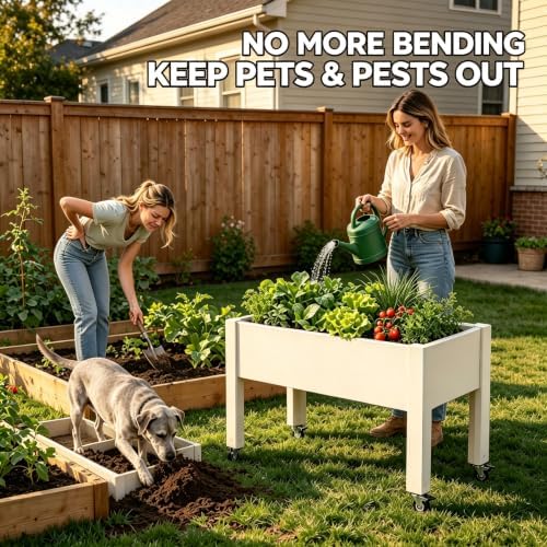 Elevated Raised Garden Bed with Wheels，74" Planter Outdoor Plants,White - Image 3