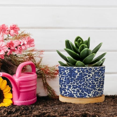 Leopard Purple and White Dot Planters Ceramic African Tribal Animal Print Round Plant Pot with Drainage Holes and Bamboo Tray Pot for Home Office Decoration - Image 5