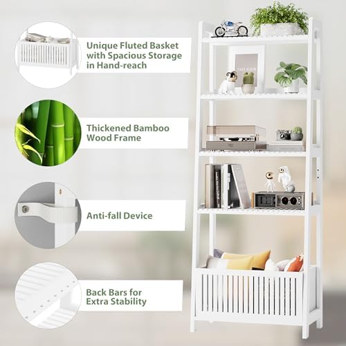 Bamjoy Bamboo White Bookshelf with Slatted Basket, Ladder Bookcase with 4 Display Shelves and 1 Open Storage Basket, Multifunctional Storage Rack Organizer for Home Office, Bedroom, Living Room, 66” H - Image 6