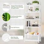 Bamjoy Bamboo White Bookshelf with Slatted Basket, Ladder Bookcase with 4 Display Shelves and 1 Open Storage Basket, Multifunctional Storage Rack Organizer for Home Office, Bedroom, Living Room, 66” H - Image 6