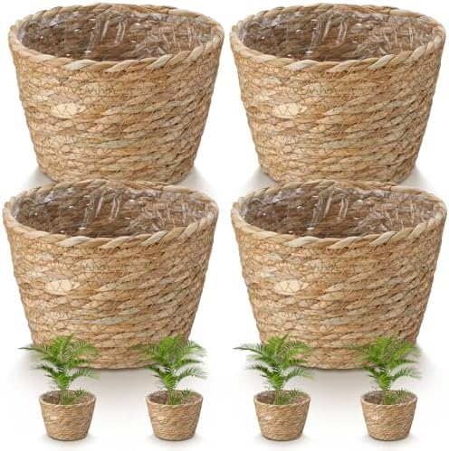 4 Pcs Straw Plant Baskets Indoor Rattan Woven Flower Baskets with Plastic Liner, Cattail Plant Planter for Indoor Outdoor Rustic Boho Home Farmhouse Floor Potted Pots Decor by Unknown