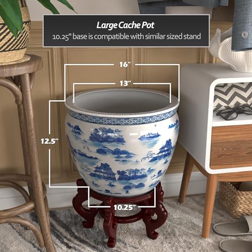 Red Lantern 16" Landscape Blue & White Porcelain Fishbowl Planter or Cachepot for Indoor/Outdoor Use in Garden Entryway Living Room Boho Eclectic Modern Contemporary Classic Traditional Style Decor - Image 4