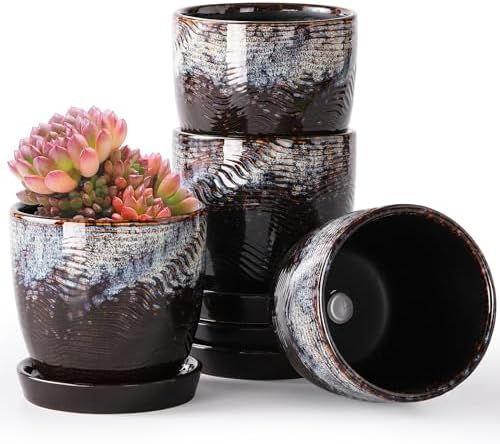 Succulent Pots, 4 Inch Small Indoor Ceramic Planter Pot with Drainage Holes and Saucers for Plants- Reactive Glaze Spot - Set of 4 by Unknown