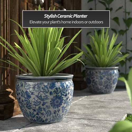 Red Lantern 16" Floral Blue & White Porcelain Fishbowl Planter - Image 3