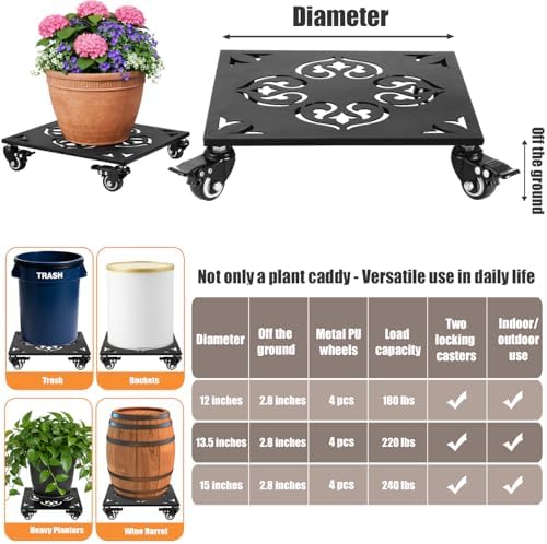 2-Pack 12 Inch Large Square Metal Plant Caddy with Wheels Heavy-duty Rolling Plant Stands with Casters Wheeled Flower Pot Mover Rollers Rust-proof Iron Planter Dolly Coasters Indoor Outdoor Use - Image 3