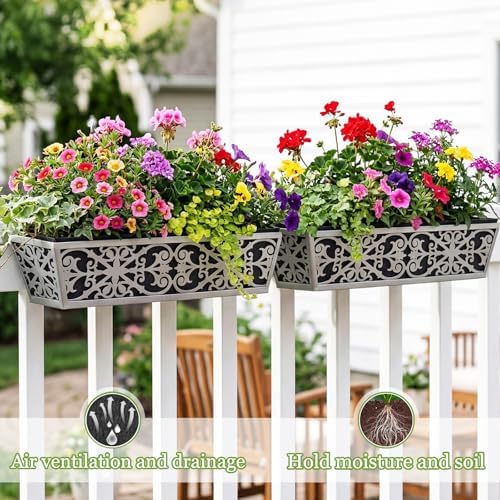 4 Pack 24 Inch Window Boxes Planter for Outdoor Plants Deck Railing Planters Box with Adjustable Brackets for Porch Fence Balcony Hanging Flower Baskets with Non-Woven Fabric Liner for Garden Decor - Image 2