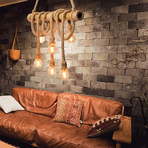 Arturesthome 6 Heads Hemp Rope Pendant Light, Vintage Bamboo Chandeliers Fixture Kitchen Island, Rustic Industrial Hanging Lamp for Bedroom Restaurant Cafe Bar Country Style Decoration - Image 2
