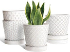 EFISPSS Ceramic Plant Pots Indoor, 5 Inch Planters with Drainage Holes and Ceramic Tray, Relief Design Flower Planter, Desktop Office Windowsill Decoration Gift Set of 4, White by EFISPSS