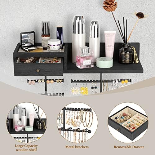 VINAEMO Jewelry Organizer Hanging Wall Mounted Jewelry Holder with Rustic Wood Drawer & Large Capacity Storage Shelf Rack Display for Earrings Rings Necklaces Bracelet(Black) - Image 3