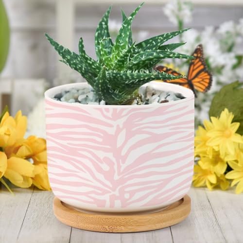 Tiger Print Light Pink White Planter Ceramic Animal Tiger Print Round Plant Pots with Drainage Holes and Bamboo Tray Pot for Succulents Cactus Garden Windowsill - Image 6
