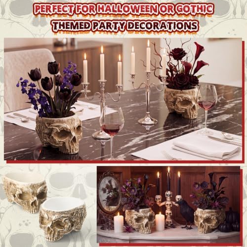 2 Pack Halloween Skull Planter, White, Carved - Image 4