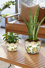 Rustic Farmhouse Ceramic Plant Pots, 6.6 + 5.5 inch Yellow and White Plant Pot with Drainage Holes Set of 2 Vintage Planters with Lemon Patterns Decorative Flower Pots for Indoor and Outdoor Plants - Image 4