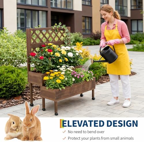 Wooden Raised Garden Bed with Trellis & Wheels, 2-Tier Elevated Planter Box - Image 6