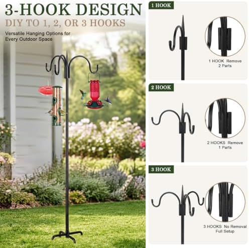 FEED GARDEN Heavy Duty Shepherds Hook 76" Triple Hooks - Metal 5-Prong Base, Adjustable (44/60/76") - 17lb Capacity Bird Feeder Pole for Hanging Plants, Solar Lanterns, Wind Chimes, 1 Pack - Image 3