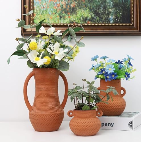 Terracotta Vases Sets of 3, Farmhouse Decor, Ceramic Vase for Flower, Wide Mouth Rustic Home Decor Vases for Flowers, Living Room, Table,Shelf and Accessories, Terracotta by TerracottaVase