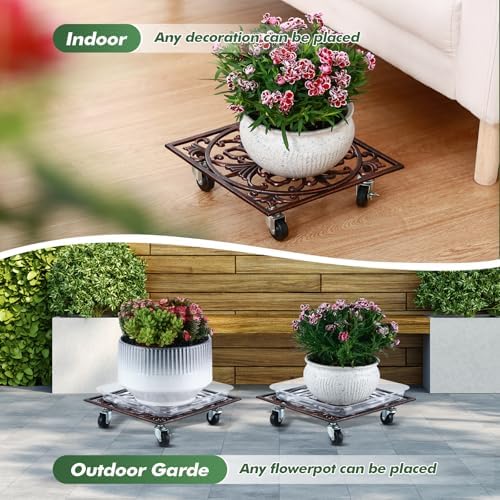 2 Packs 11.8" Square Metal Plant Caddy with Wheels Large Heavy-Duty Cast Iron Planter Dolly Pot Mover, Indoor Outdoor Vintage Rolling Plant Stands with Casters Wheeled Plant Roller Base, Bronze red - Image 5