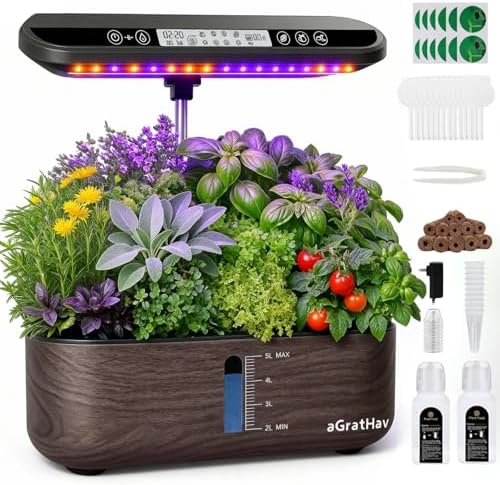 Hydroponics Growing System Kit, Indoor Herb Garden, 14 Pods Upgraded LCD Display, LED Grow Light Quiet Smart Water Pump Automatic Timer, Hydroponic Planter for Home Kitchen Office (Black) by aGratHav
