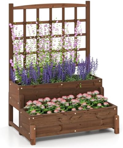 GIANTEX Raised Garden Bed with Legs and Trellis, 2-Tier Standing Planter Box with Drain Holes, Outdoor Elevated Garden Trellis for Vine Climbing, Flower Vegetable Fruit Herb Growing, Rustic Brown by Giantex
