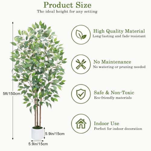 GTIDEA 5FT Artificial Ficus Tree with White Planter, Fake Plants Indoor - Image 2