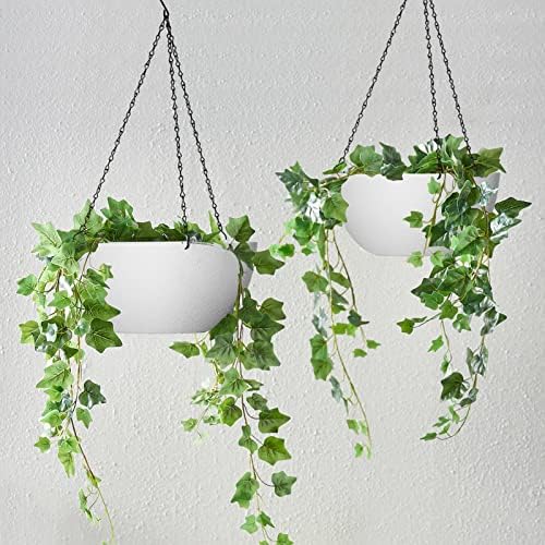 WOUSIWER 13 inch 2Pack Large Hanging Planters for Outdoor Indoor Plants with Drainage Holes and Chain, Round Hanging Flower Pots for Garden Home Porch Decor, White - Image 2