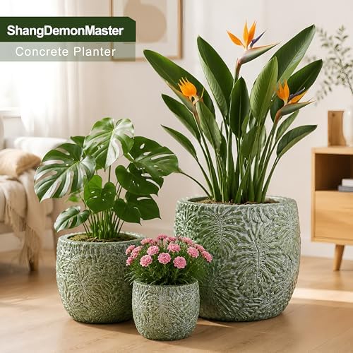 Craft flowerpots 18"+13"+9" Dia Round Concrete Planter Set of 3 Large Outdoor/Indoor Planter Pots Containers with Drainage Holes and Rubber Plug for Home Garden (Green, Large) - Image 2