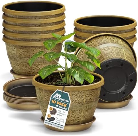 10-Inch Whiskey Barrel Planters Outdoor Pack of 10 - Durable Plastic Plant Pots for Indoor & Outdoor Use with Drainage & Saucer, Lightweight Rustic Barrel Planters for Flowers, Herbs & Small Plants by LIFEMASTER